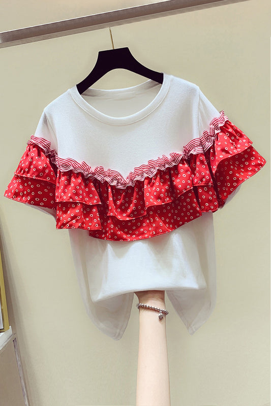 Fungus Ruffle Stitching Cotton Short-Sleeved t-Shirt Women