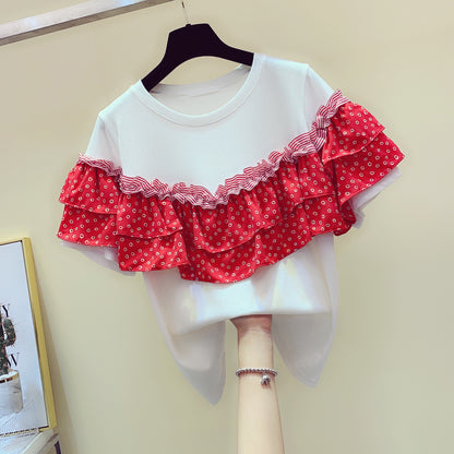 Fungus Ruffle Stitching Cotton Short-Sleeved t-Shirt Women