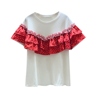 Fungus Ruffle Stitching Cotton Short-Sleeved t-Shirt Women