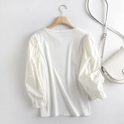 Fashion Retro Puff Sleeve Solid Color Simple Cotton Casual Women's Shirt