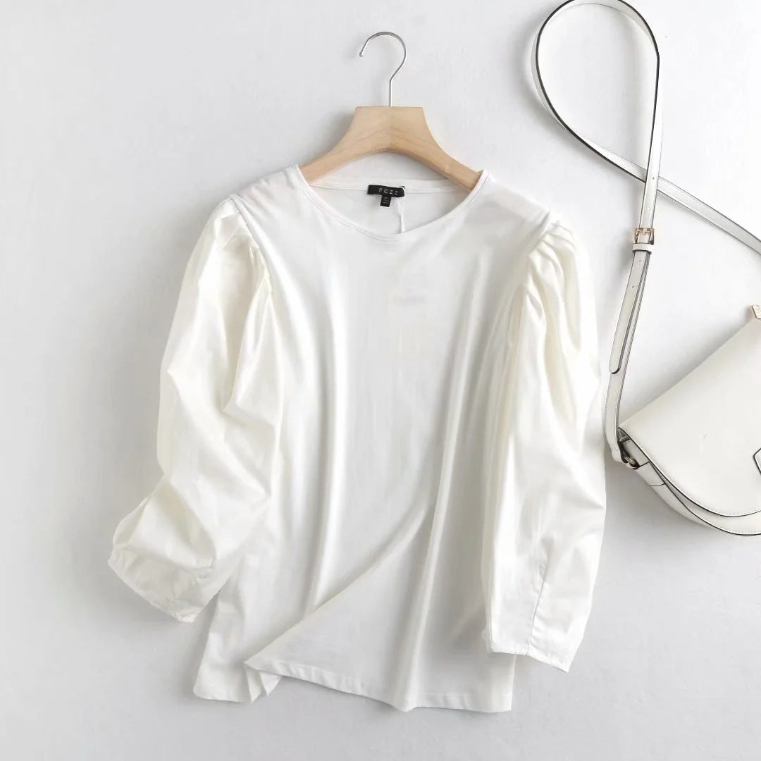 Fashion Retro Puff Sleeve Solid Color Simple Cotton Casual Women's Shirt