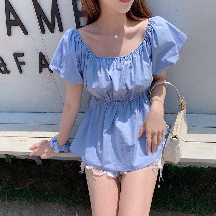 French Romantic One-Word Collar Off-Shoulder Solid Color Waist Small Top Shirt