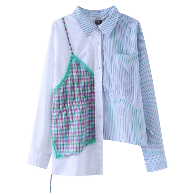 Hundreds Of Good Days Simple Fake Two-Piece Sling Single-Breasted Stitching Contrast Color Casual Striped Shirt Female