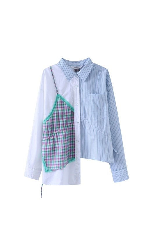 Hundreds Of Good Days Simple Fake Two-Piece Sling Single-Breasted Stitching Contrast Color Casual Striped Shirt Female