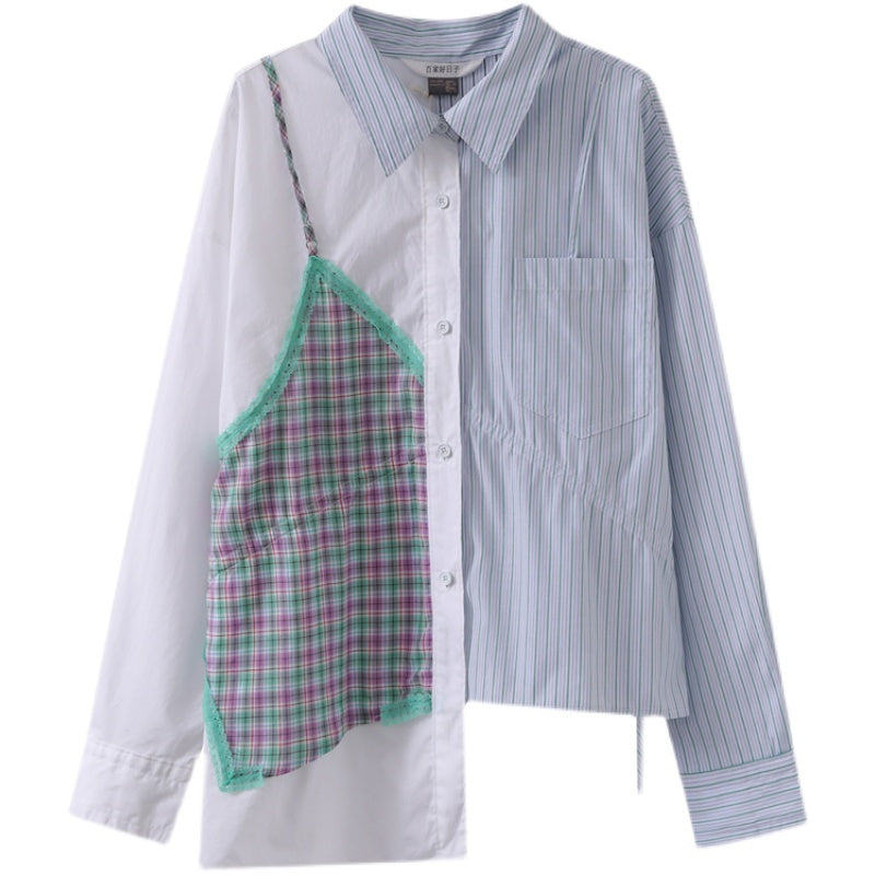 Hundreds Of Good Days Simple Fake Two-Piece Sling Single-Breasted Stitching Contrast Color Casual Striped Shirt Female