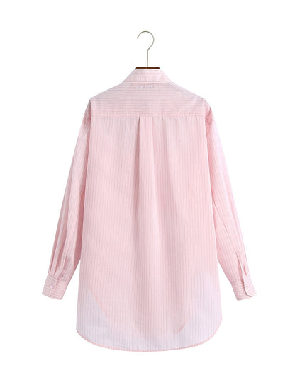 Lapel Single Pocket Striped Long-Sleeved Shirt Women