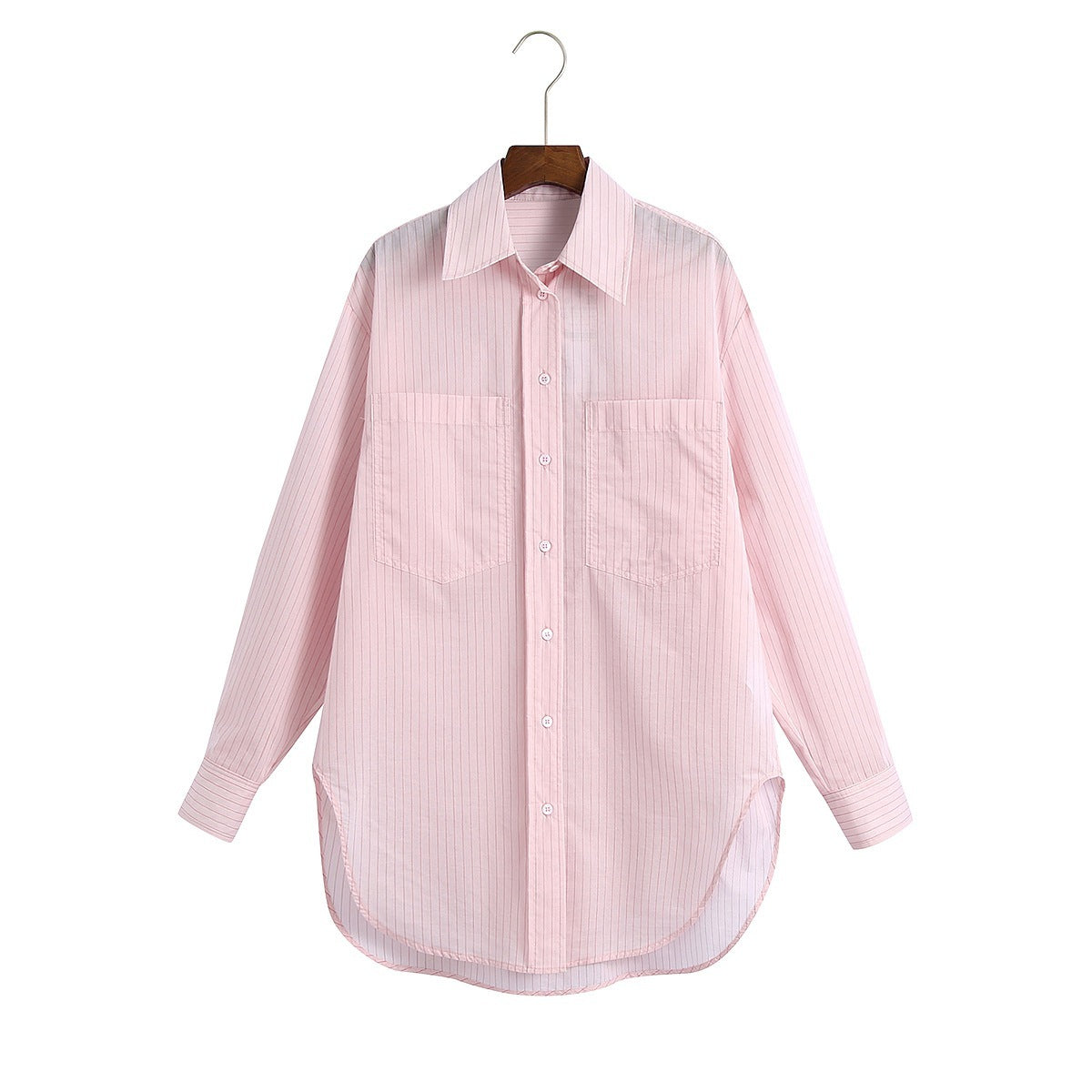 Lapel Single Pocket Striped Long-Sleeved Shirt Women