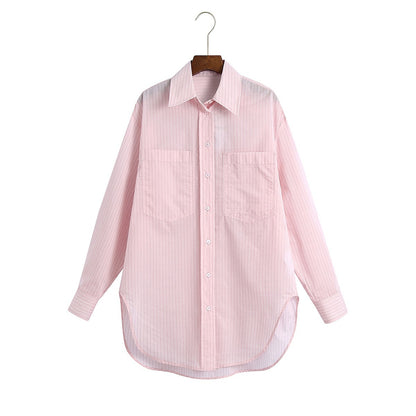 Chemise à manches longues rayée avec poche unique pour femme