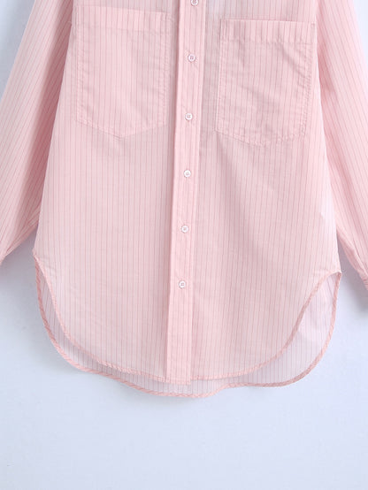 Lapel Single Pocket Striped Long-Sleeved Shirt Women