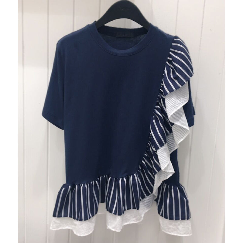 Ruffle Stripe Stitching Minority Irregular Short Sleeve