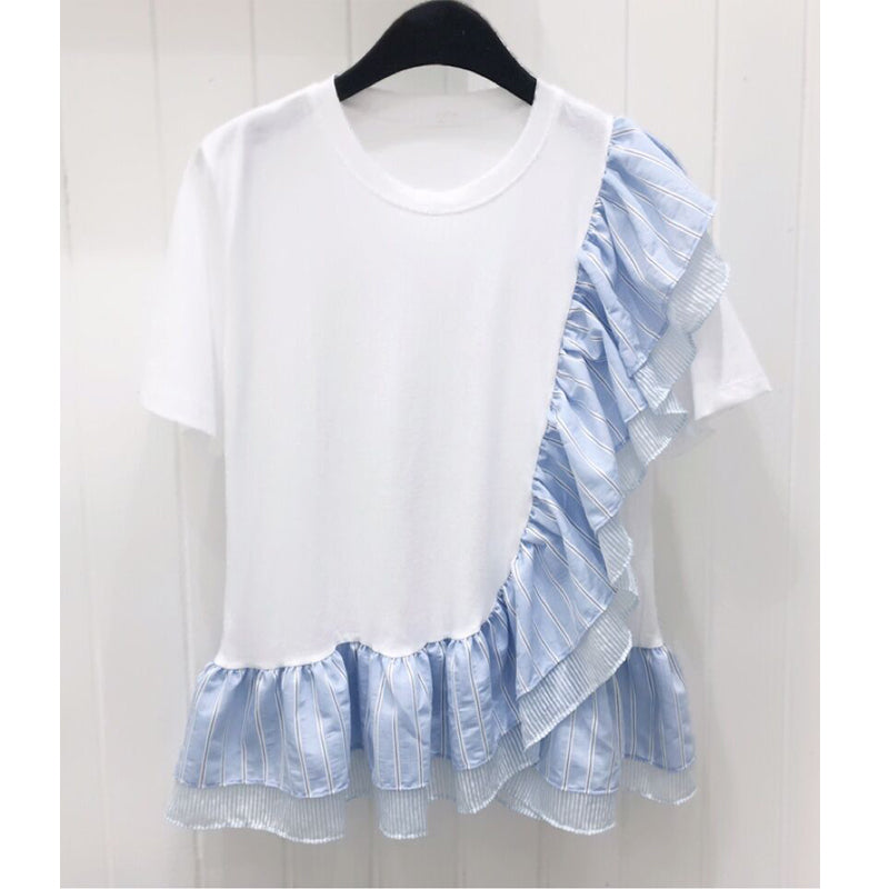 Ruffle Stripe Stitching Minority Irregular Short Sleeve