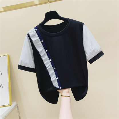 Striped Stitching Ruffled Beaded Round Neck Short-Sleeved Cotton T-Shirt