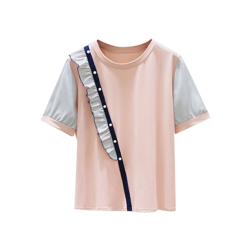 Striped Stitching Ruffled Beaded Round Neck Short-Sleeved Cotton T-Shirt