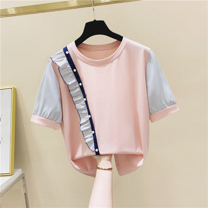 Striped Stitching Ruffled Beaded Round Neck Short-Sleeved Cotton T-Shirt