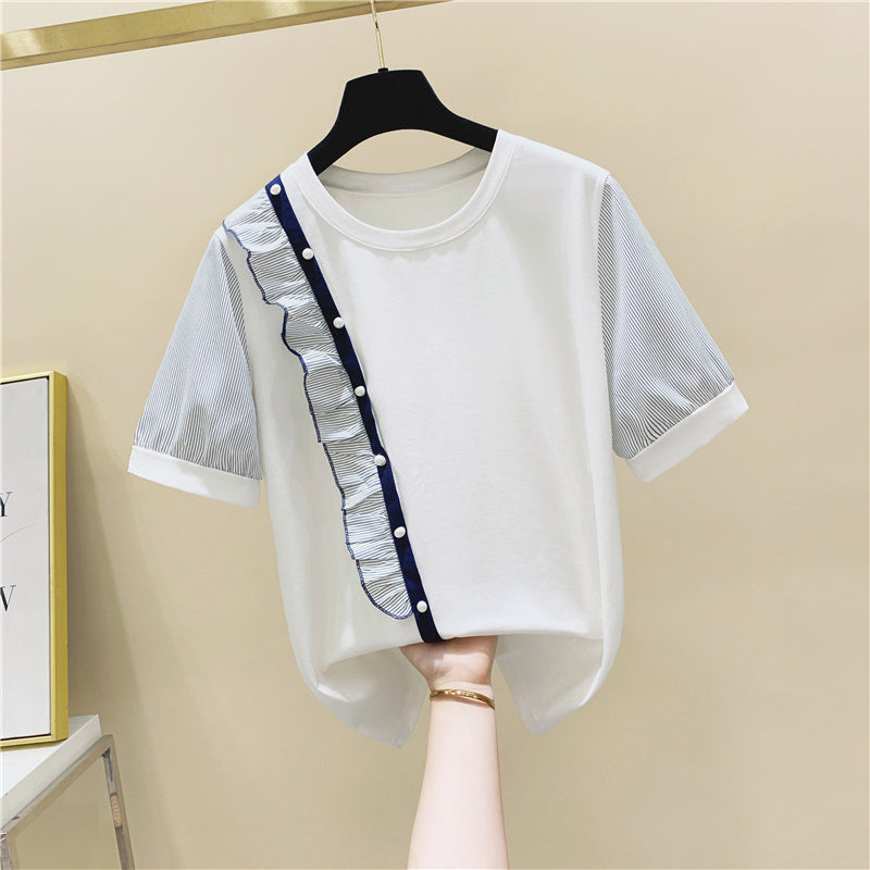 Striped Stitching Ruffled Beaded Round Neck Short-Sleeved Cotton T-Shirt