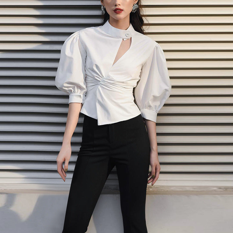 Lantern Sleeve Irregular Shirt All Match White Shirt Women