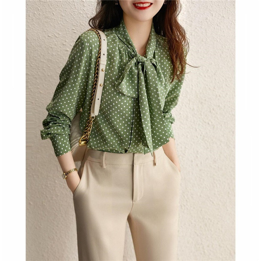 Polka Dot Shirt Women Long Sleeved Bow Knot Shirt Loose Chiffon Shirt Top