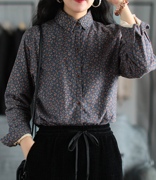 New Retro Loose Casual All Match Long Sleeved Cotton Floral Plus Velvet Shirt Women