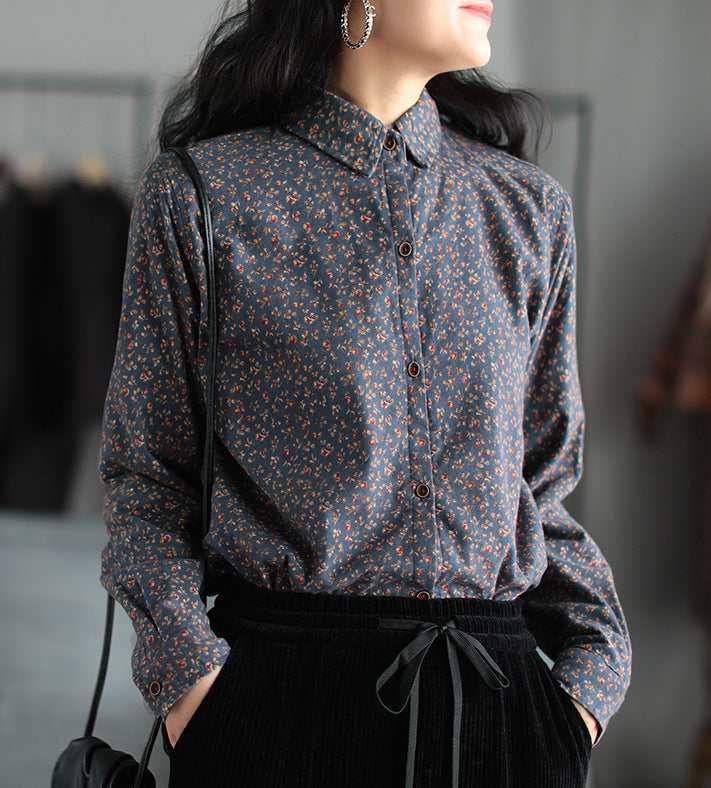 New Retro Loose Casual All Match Long Sleeved Cotton Floral Plus Velvet Shirt Women