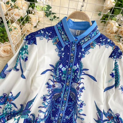 Retro Print Shirt With Puff Sleeves For Women