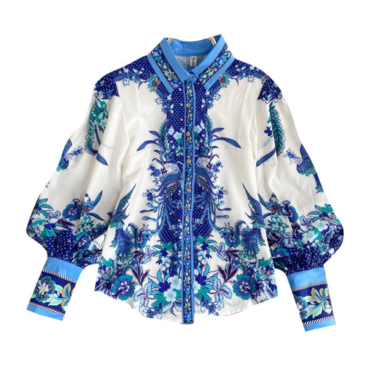 Retro Print Shirt With Puff Sleeves For Women