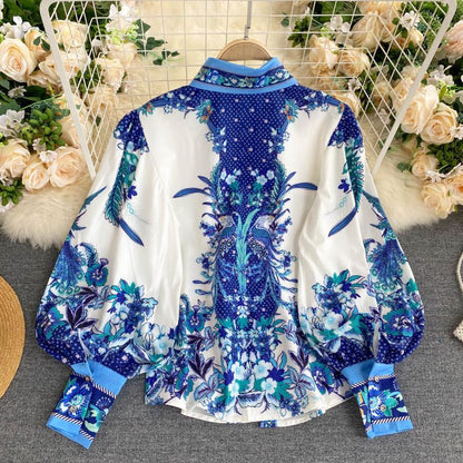 Retro Print Shirt With Puff Sleeves For Women