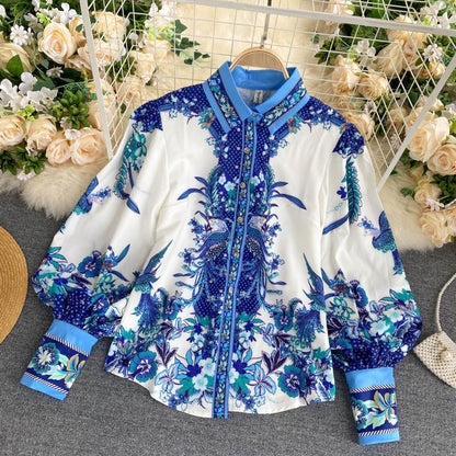 Retro Print Shirt With Puff Sleeves For Women