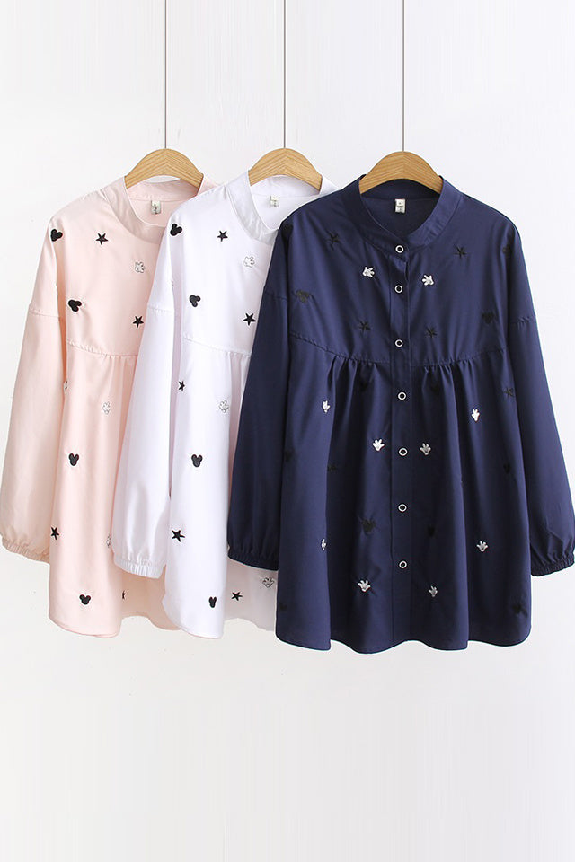 Large Size Women's Plus Obesity MM200 Kg Spring Loose And Thin Women's Embroidery Mid-Length Long-Sleeved Shirt Shirt