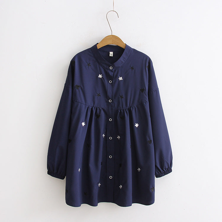 Large Size Women's Plus Obesity MM200 Kg Spring Loose And Thin Women's Embroidery Mid-Length Long-Sleeved Shirt Shirt