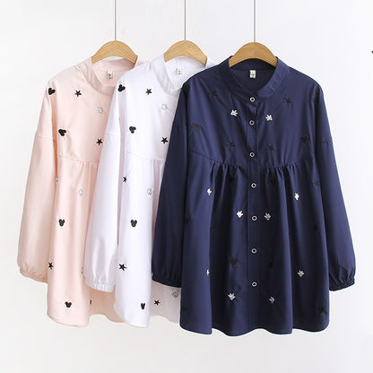 Large Size Women's Plus Obesity MM200 Kg Spring Loose And Thin Women's Embroidery Mid-Length Long-Sleeved Shirt Shirt