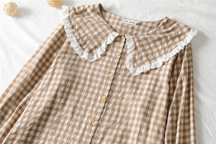 Large Size Autumn Age-Reducing Lace Doll Stand-Up Collar Long-Sleeved Shirt