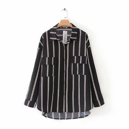 Plus Size Women's Fat Autumn Ladies Loose Large Double Pocket Striped Long-sleeved Bottoming Shirt