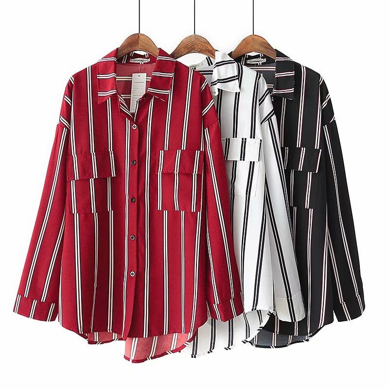 Plus Size Women's Fat Autumn Ladies Loose Large Double Pocket Striped Long-sleeved Bottoming Shirt