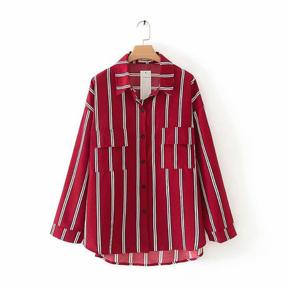 Plus Size Women's Fat Autumn Ladies Loose Large Double Pocket Striped Long-sleeved Bottoming Shirt