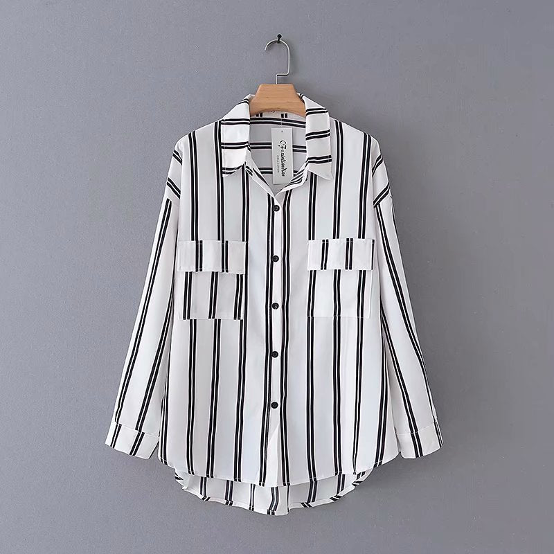 Plus Size Women's Fat Autumn Ladies Loose Large Double Pocket Striped Long-sleeved Bottoming Shirt