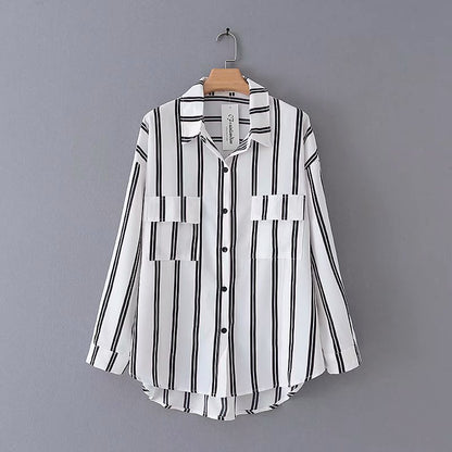 Plus Size Women's Fat Autumn Ladies Loose Large Double Pocket Striped Long-sleeved Bottoming Shirt