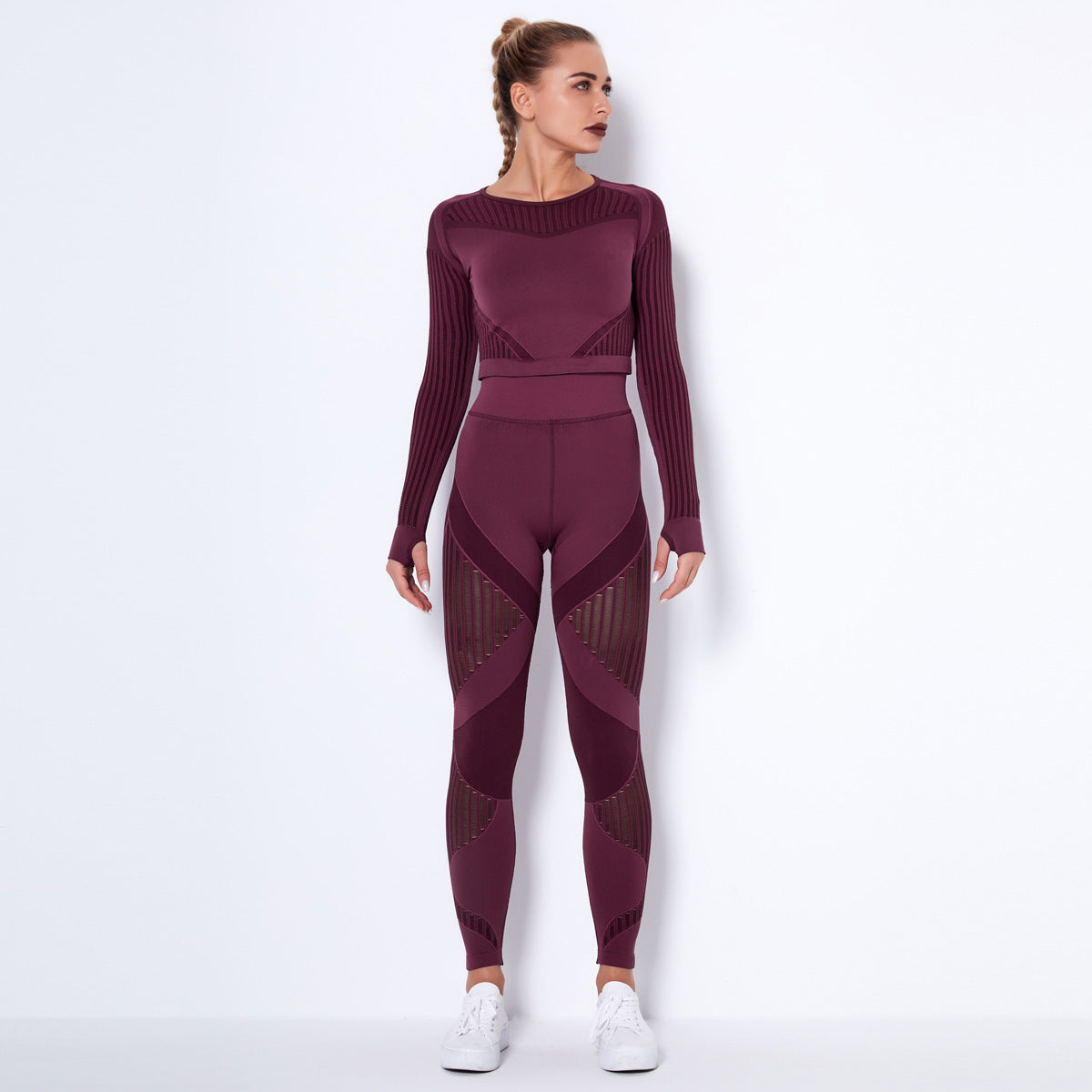 Seamless Knitted Sexy Yoga Clothing Suit Striped Hollow Running Training Sports Fitness Clothing