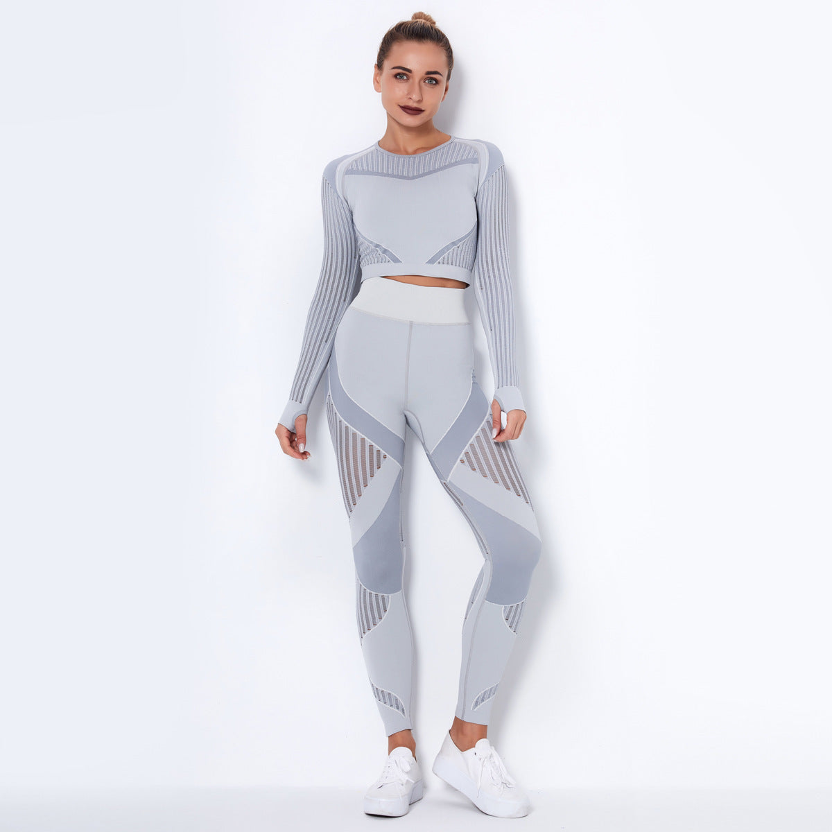 Seamless Knitted Sexy Yoga Clothing Suit Striped Hollow Running Training Sports Fitness Clothing