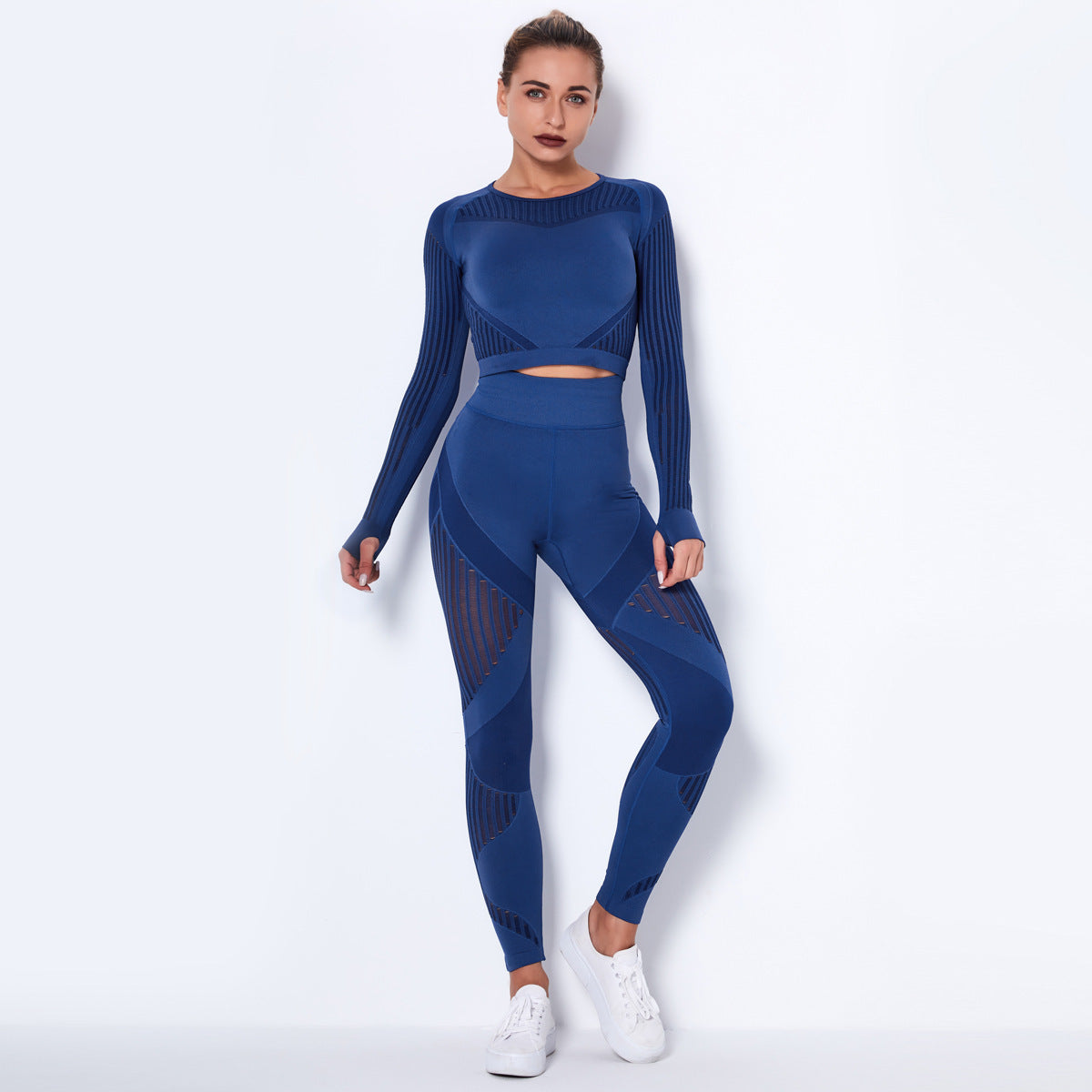 Vêtements de Yoga Sexy tricotés sans couture, costume rayé creux, vêtements de sport, d'entraînement et de Fitness