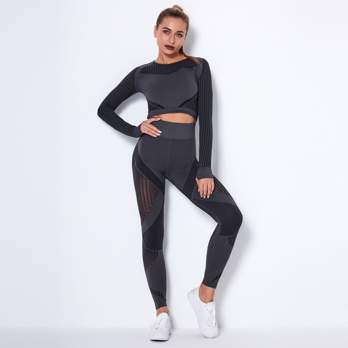 Seamless Knitted Sexy Yoga Clothing Suit Striped Hollow Running Training Sports Fitness Clothing