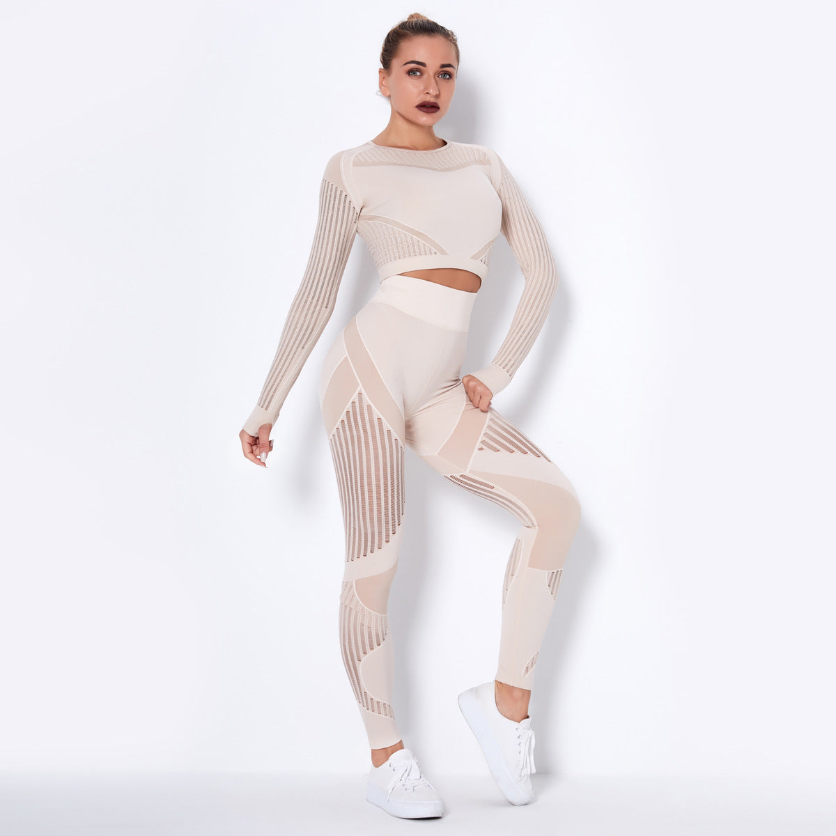 Vêtements de Yoga Sexy tricotés sans couture, costume rayé creux, vêtements de sport, d'entraînement et de Fitness