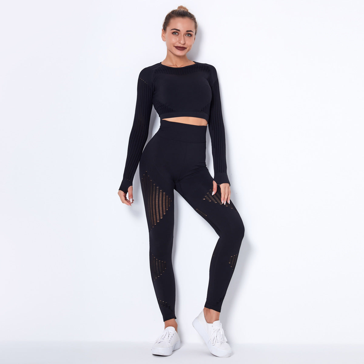 Seamless Knitted Sexy Yoga Clothing Suit Striped Hollow Running Training Sports Fitness Clothing