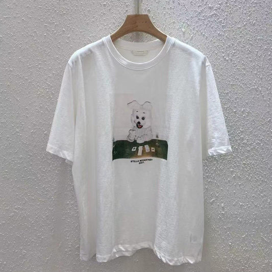 Camiseta de manga corta blanca de algodón estampada holgada de estilo coreano para mujer