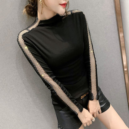 Women's Bottoming Shirt Spring And Autumn All-Match Fashion Good-Looking Half-High Collar European Station T-shirt Heavy Industry Hot Drilling Long-Sleeved Shirt Was Thin