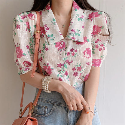 Simple And Sweet Heavy Craft Fabric Embroidered Printed Flower Shirt