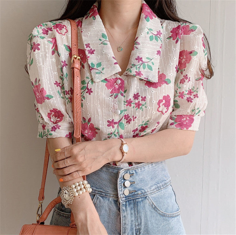 Simple And Sweet Heavy Craft Fabric Embroidered Printed Flower Shirt