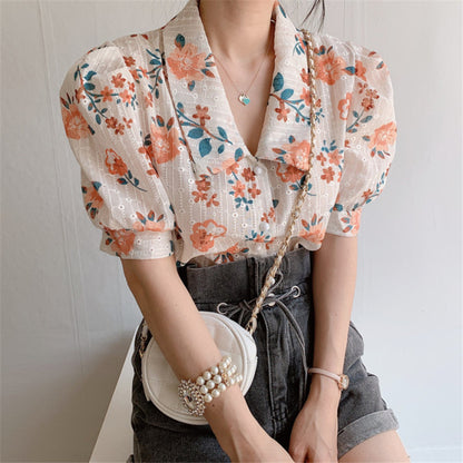 Simple And Sweet Heavy Craft Fabric Embroidered Printed Flower Shirt