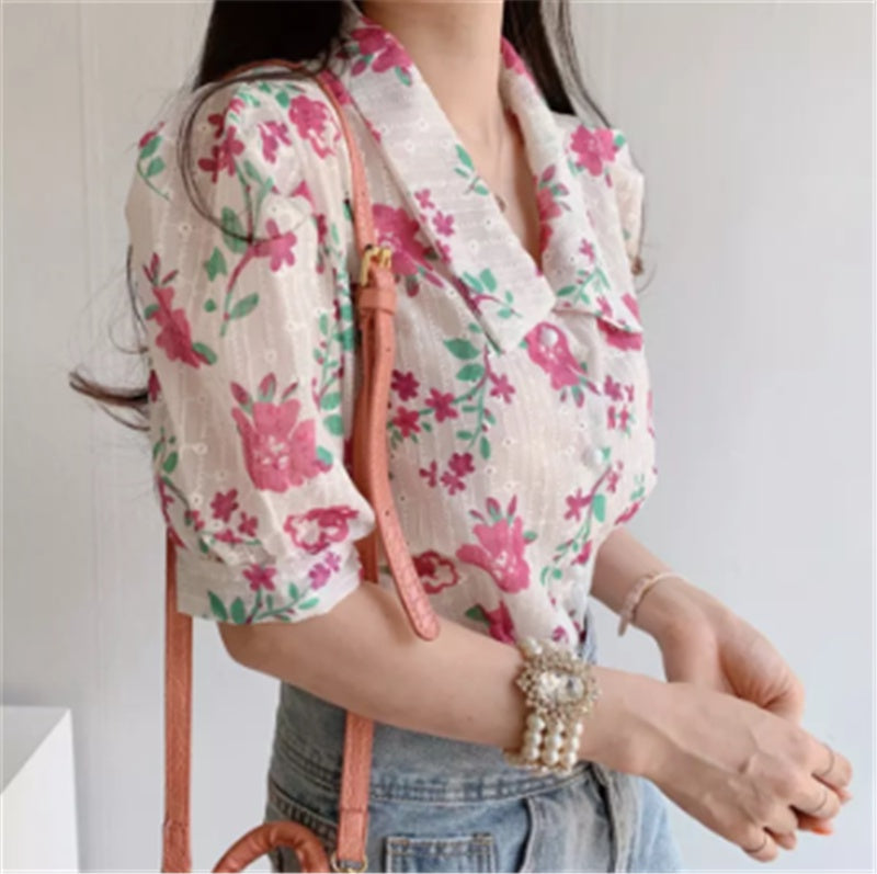 Simple And Sweet Heavy Craft Fabric Embroidered Printed Flower Shirt