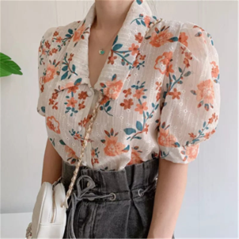 Simple And Sweet Heavy Craft Fabric Embroidered Printed Flower Shirt