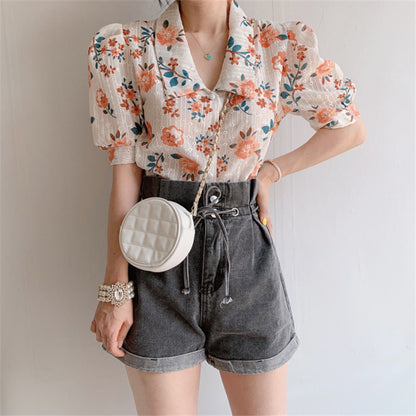 Simple And Sweet Heavy Craft Fabric Embroidered Printed Flower Shirt